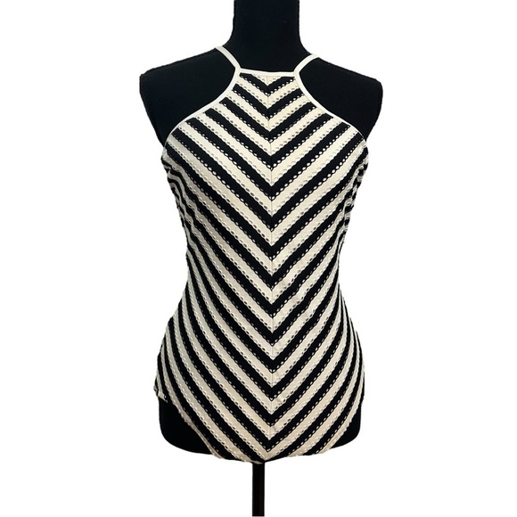 Seafolly One Piece Swimsuit Striped Black White Halter High Neck Size 12 Large - Picture 5 of 5